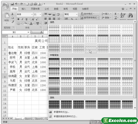 Excel2007列表样式