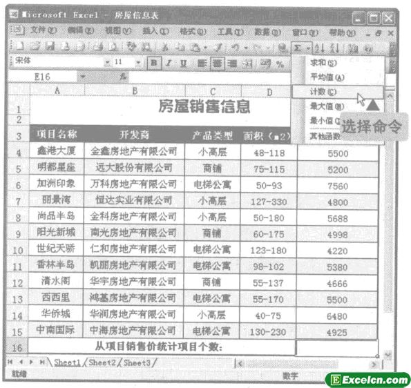 使用COUNT计数函数从项目销售价统计项目个数