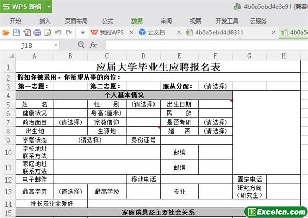 excel大学生应聘报名表模板