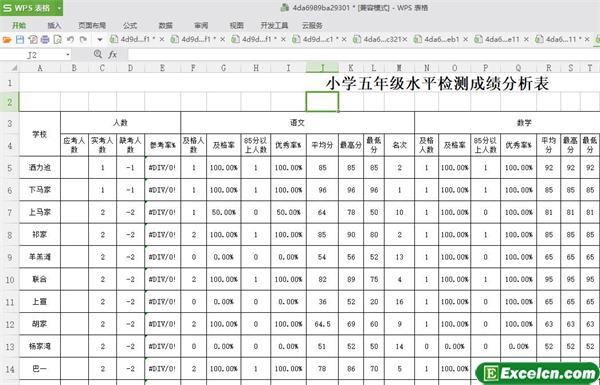 excel小学五年级成绩分析表模板