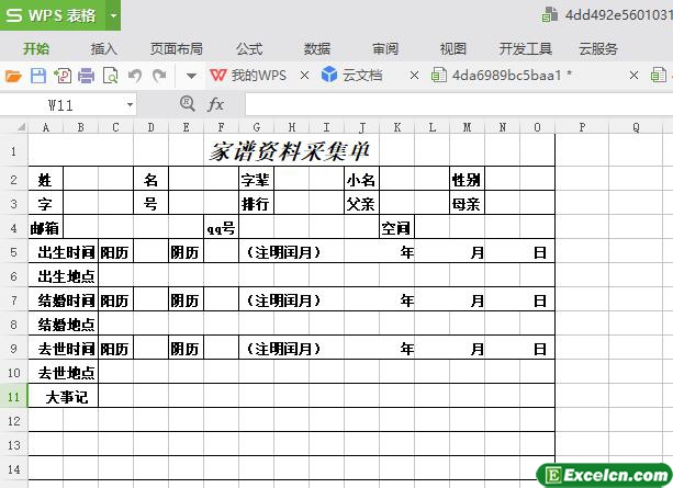 excel家谱资料采集单模板