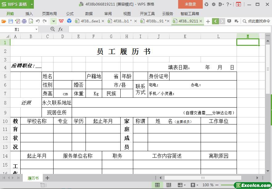 excel员工履历书模板