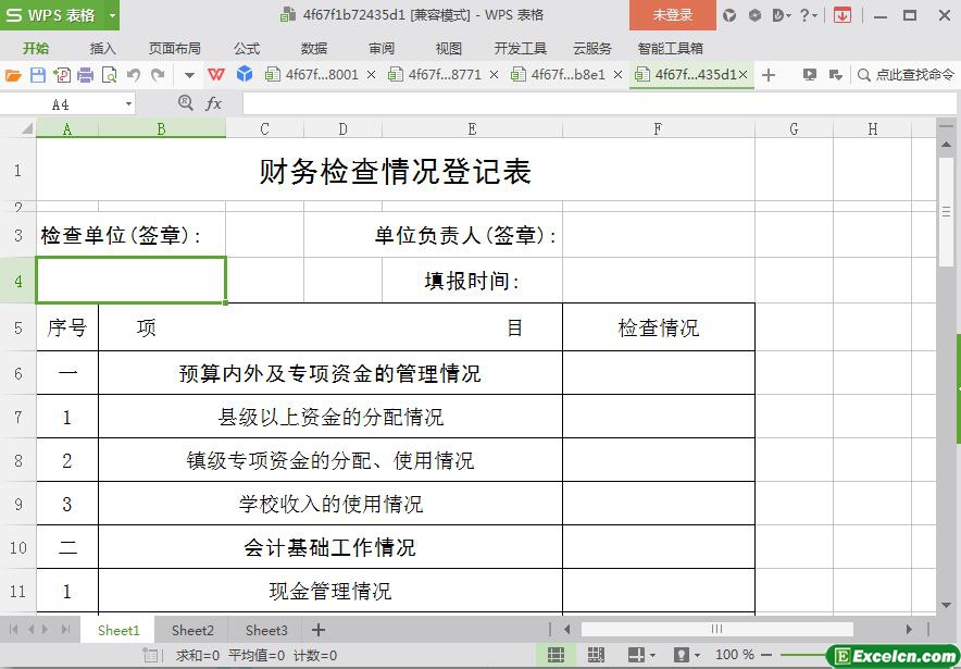 excel财务检查情况登记表模板