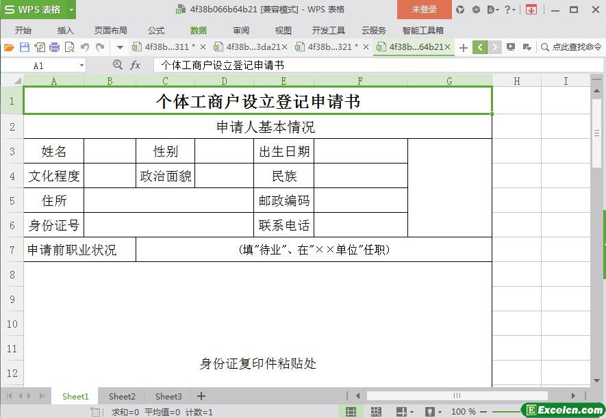 excel个体工商户设立登记申请书模板