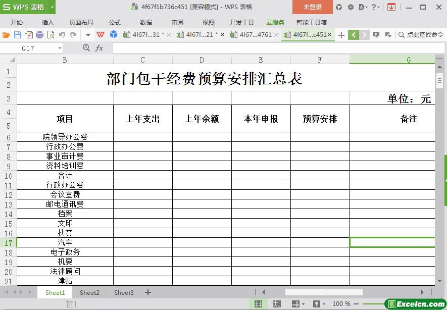 excel部门包干经费预算安排汇总表模板