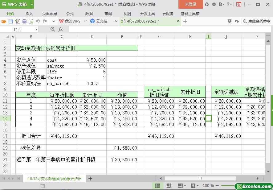 excel可变余额递减法的累计折旧模板