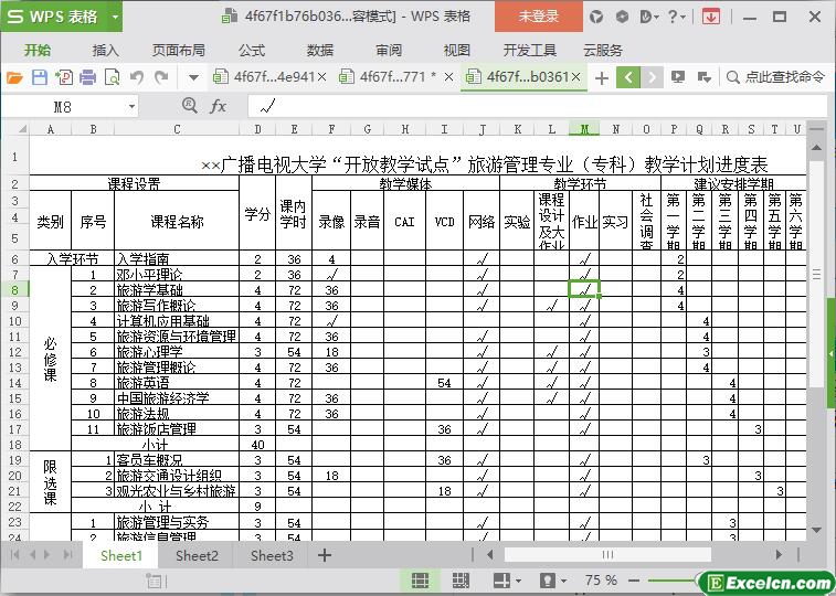 excel大学“开放教学试点”旅游管理专业（专科）教学计划进度表模板