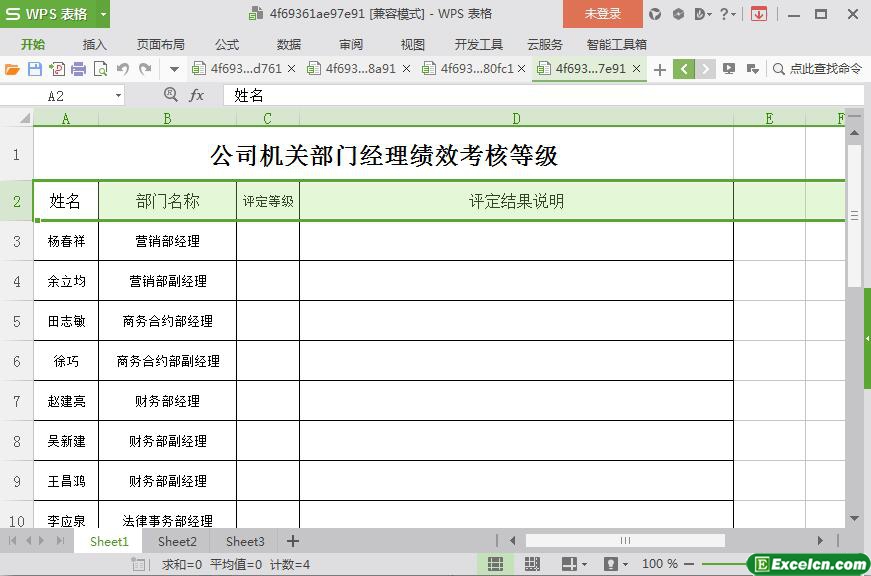 excel公司机关部门经理绩效考核等级模板