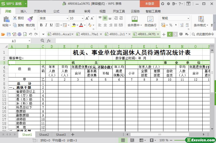 excel机关、事业单位离退休人员待遇情况统计表模板