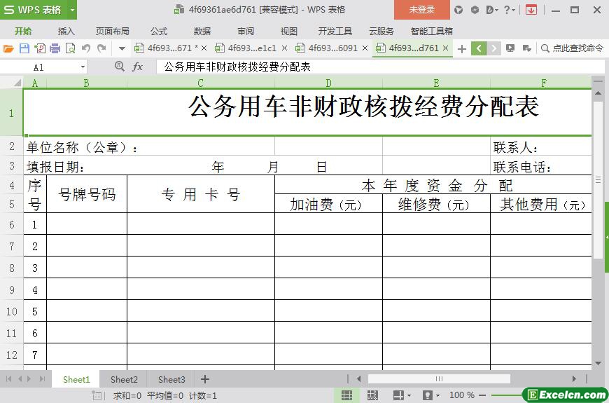 excel公务用车非财政核拨经费分配表模板