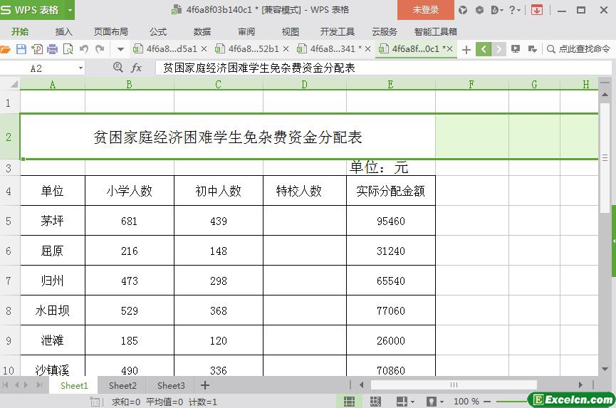 excel贫困生免杂费资金分配表模板