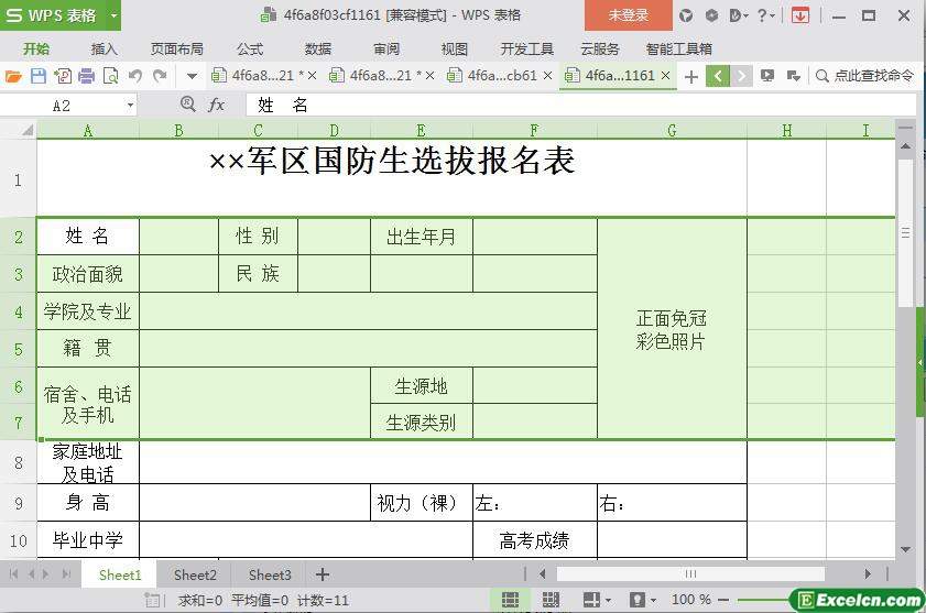 excel军区国防生选拔报名表模板