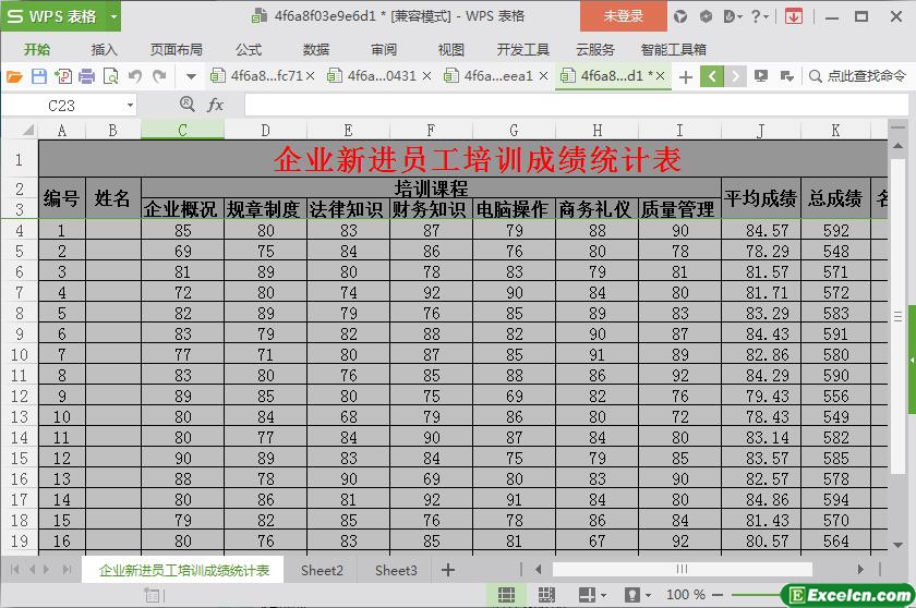 excel企业新进员工培训成绩统计表模板