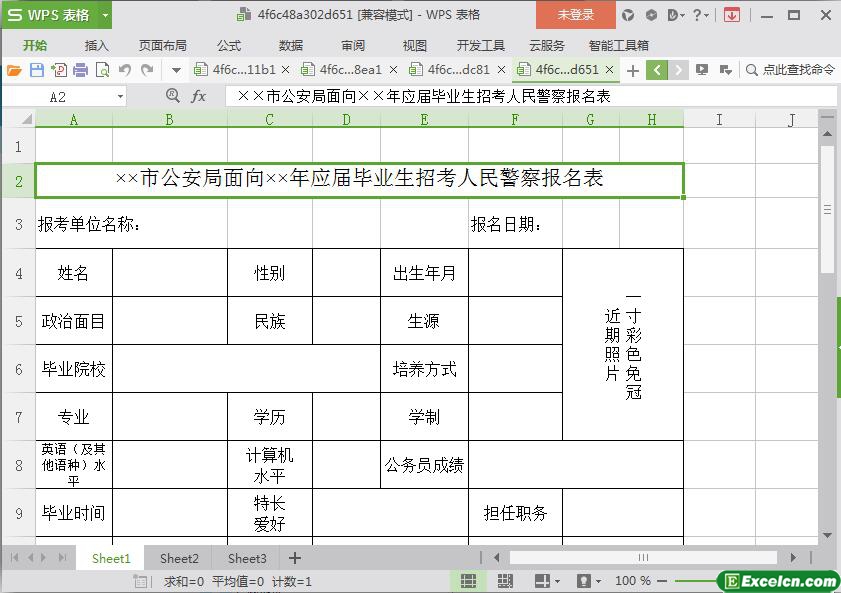 excel市公安局面向应届毕业生招考人民警察报名表模板