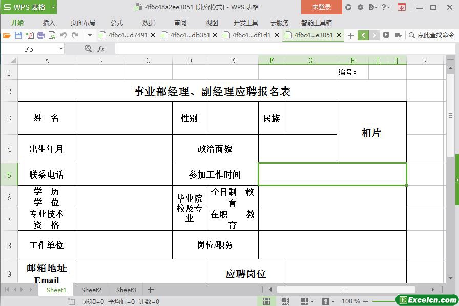 excel事业部经理、副经理应聘报名表模板