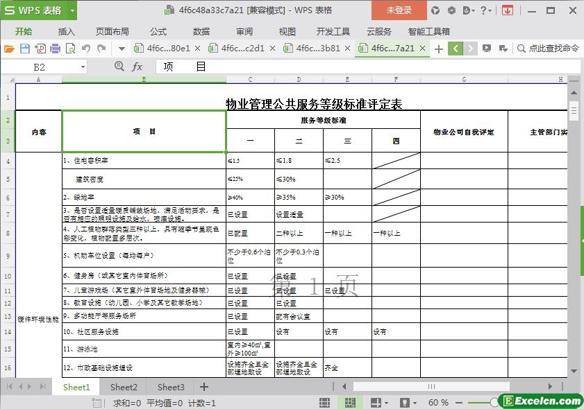excel物业管理公共服务等级标准评定表模板