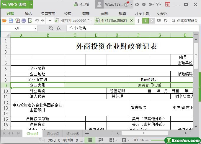 excel外商投资企业财政登记表模板