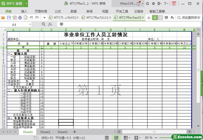 excel单位工龄和职称统计表模板
